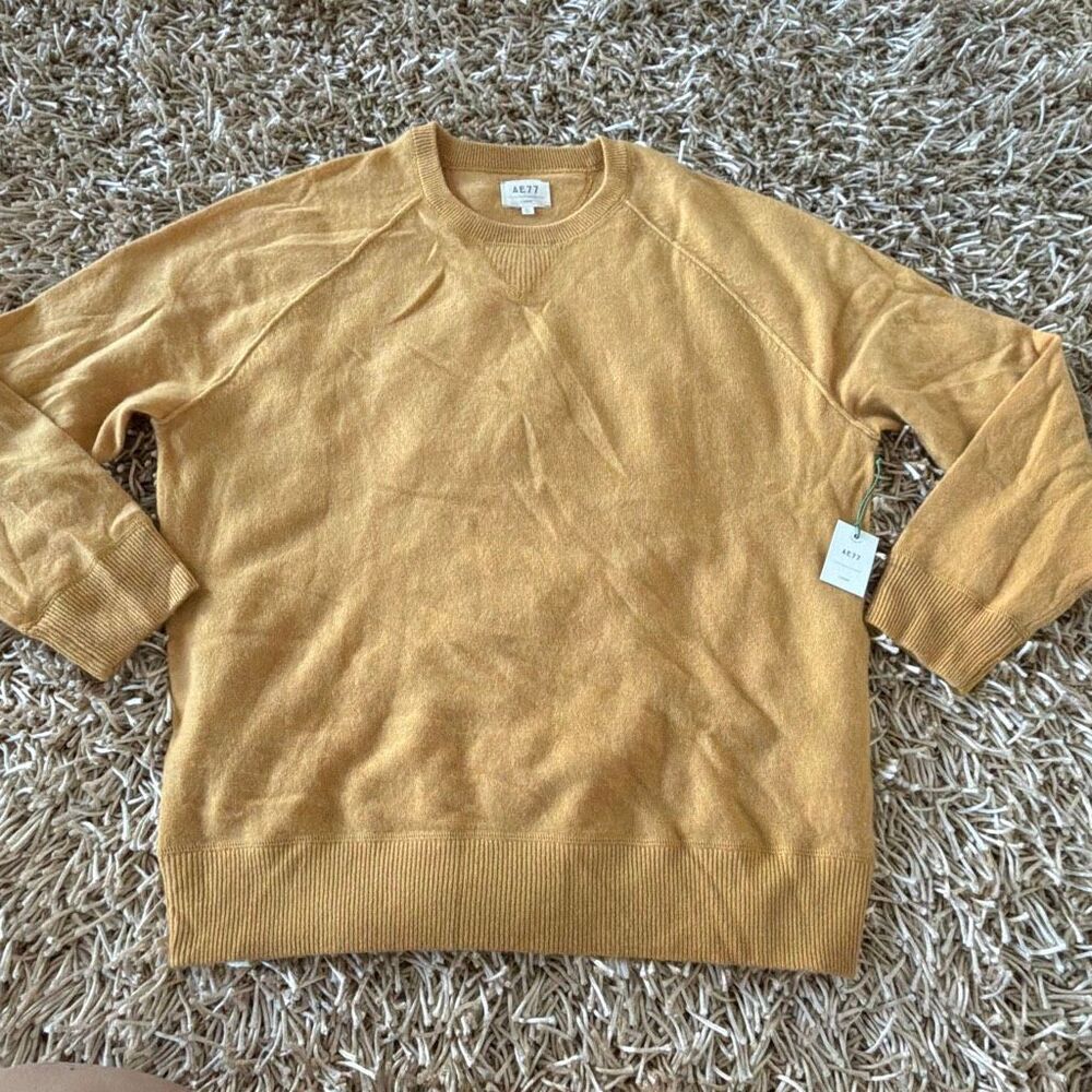 AE77 Premium Cashmere-Blend Crew Neck Sweater in Mustard Yellow Size XL